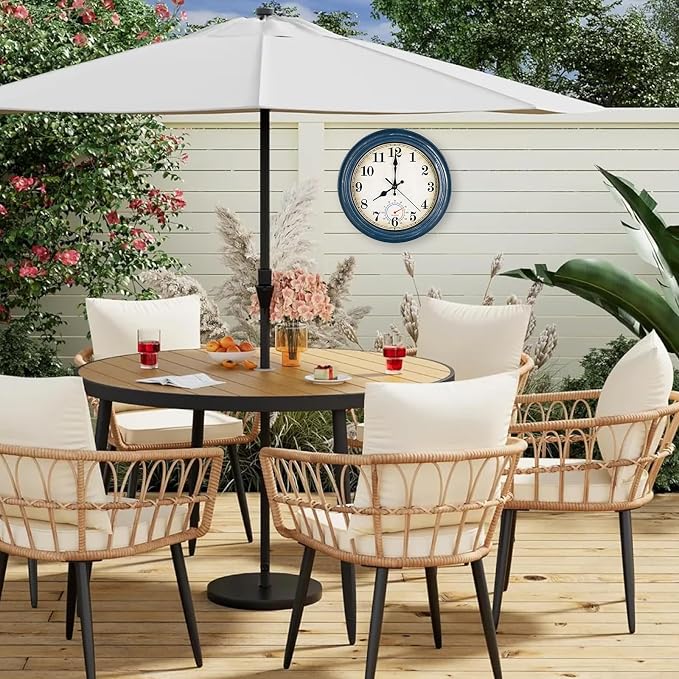 Outdoor Clock Waterproof with Thermometer Wall Clock for Patio Pool Bathroom Kitchen 12 Inch Blue