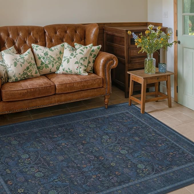 4x6 Washable Kitchen Rugs - Navy Blue Large Entryway Rugs Indoor, Non Slip Area Rug for Mudroom, Bedroom, Low Pile Stain Resistant Flower Victorian Carpet (Dark Blue)