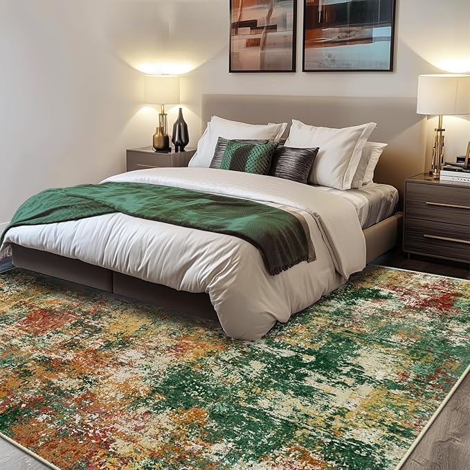 RELEANY Washable 6'x9' Abstract Area Rug for Living Room Green Multi | Carpet for Bedroom, Kitchen, Office, Hallway and Entryway, Printed Pattern, Non‑Slip, Soft, Stain‑Resistant, Easy to Clean