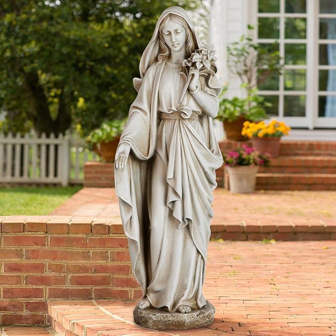 Grace4Joy Virgin Mary Statue Outdoor, 24 Inches Blessed Mother Mary Garden Statue, Rustic Saint Mary Holding Lilies Outdoor Sculpture for Home Yard Patio Lawn Hallway Decor