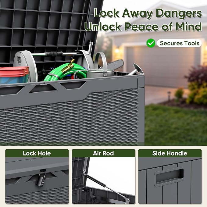 Flamaker Outdoor Storage Box 100 Gallon Waterproof Resin Deck Box Delivery Box with Air Rod Indoor Outdoor Lockable Storage Bench for Patio Cushions, Tools, Pool Accessories (Gray)