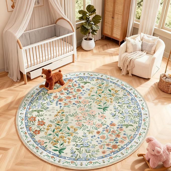Washable Round Rugs for Bedroom 4ft: Living Room Rug Stain Resistant Non Slip Low Pile Ultra Soft Faux Wool Small Circle Rugs for Entryway Kitchen Bathroom Nursery Dorm Home Office Entrance Indoor