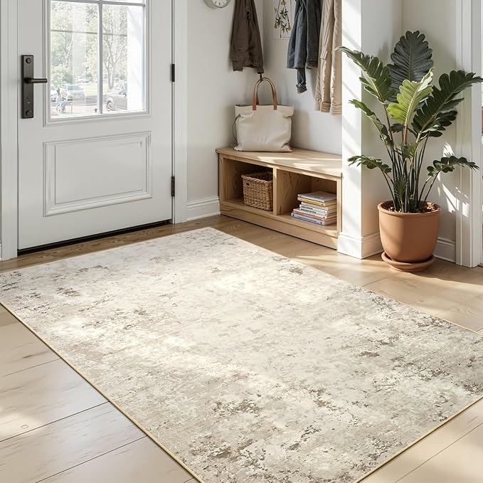 Toneed 4x6 Washable Non Slip Abstract Area Rugs for Bedroom Living Room | Soft Modern Low Pile Rug for Kitchen Hallway Office,Indoor Carpet for Kids Nursery Home Decor, Beige