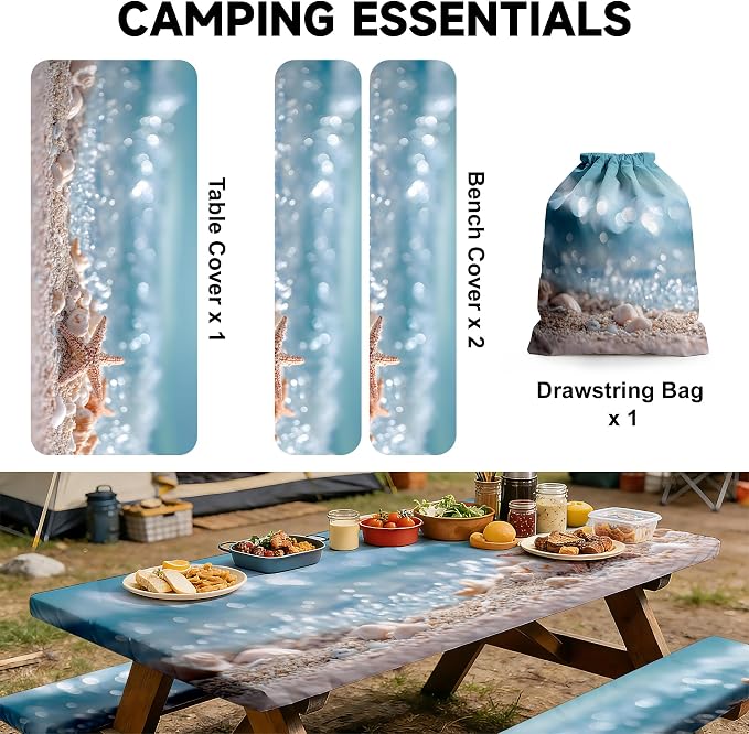 NYZE 3 Pieces Picnic Table Cover with Bench Covers Set, Camping Tablecloth, Tablecloth Cover with Drawstring Bag, Camping Essentials for Outdoor Picnics, Patio, BBQ (Starfish Beach)