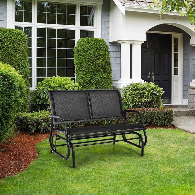 Tangkula 2 Person Patio Glider, Outdoor Swing Bench Rocker Glider Loveseat Chair with Heavy-Duty Steel Frame, Breathable Seat Fabric, Rocking Lounge Chair for Poolside, Garden, Backyard, Porch (Black)