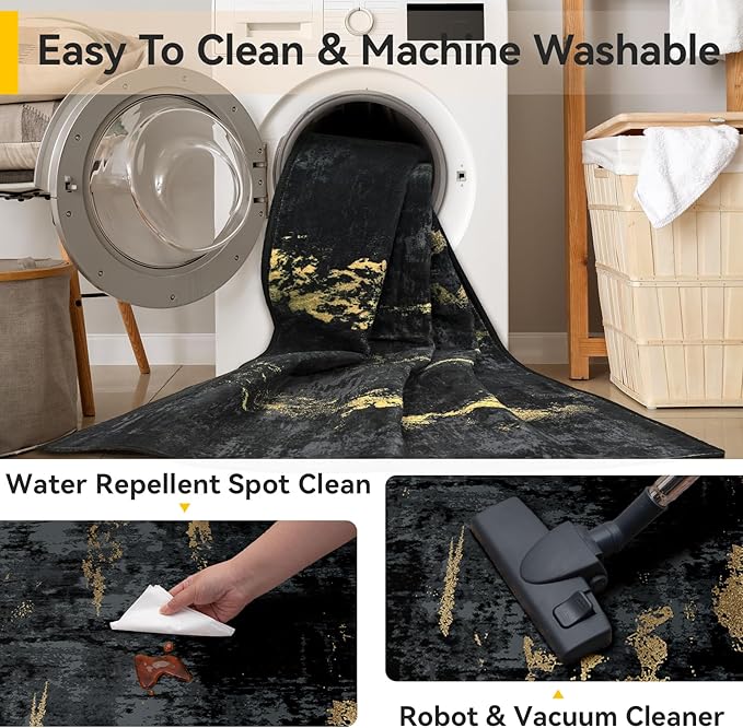 RELEANY Washable Square 8'x8' Area Rug for Living Room Black Gold | Carpet for Bedroom, Kitchen, Office, Hallway and Entryway, Printed Pattern, Non‑Slip, Soft, Stain‑Resistant, Easy to Clean