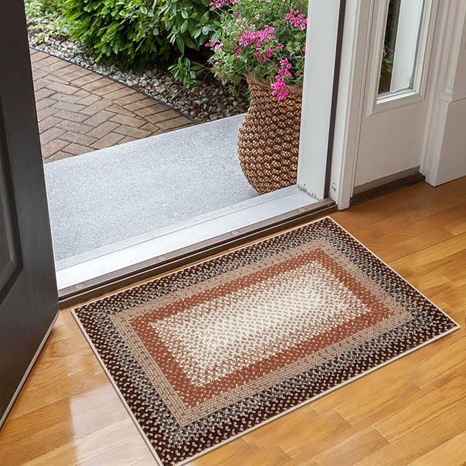 RUGSREAL Entryway Area Rug 2x3 Small Machine Washable Bedroom Rug Non Slip | Bathroom Mat Stain Resistant Kitchen Farmhouse Carpet Modern Rustic Area Rugs for Living Room Dining Room, Brown/Rust