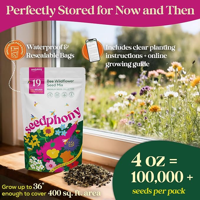 Seedphony 19 Bee Wildflower Seeds Mix 4oz - 100,000 Non-GMO Heirloom Seeds for Planting, Perennial Flowers in Waterproof Seed Packet, Flower Seed Mix for Pollinators, Planting Garden Indoor & Outdoor
