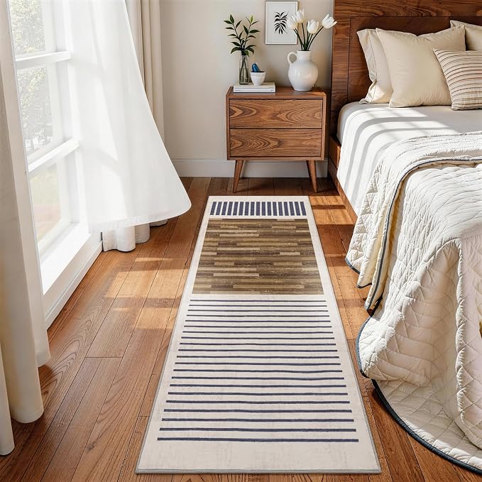 2x6 Washable Runner Rug for Hallway, Modern Geometric, White Brown Black | Striped Abstract Pattern, Ivory Low Pile Non Slip Runner for Kitchen Entryway Laundry Room Bedroom, Soft Faux Wool