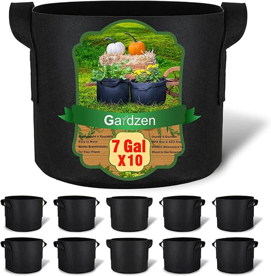 Gardzen 10-Pack 7 Gallon Grow Bags, 300G Thickened Fabric Grow Bags with Handles, Heavy Duty Aeration Plant Grow Bags for Indoor & Outdoor Use