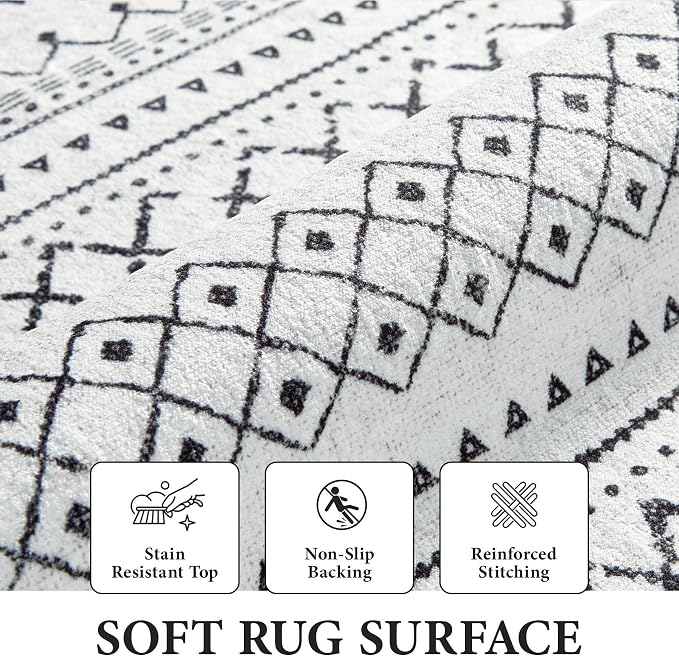 Area Rug for Living Room 9x12: Large Washable Boho Moroccan Rugs Geometric Neutral Rug, Non-Slip Foldable Morden Farmhouse Indoor Floor Carpet for Bedroom Dining Table Home（Black,9'X12'）