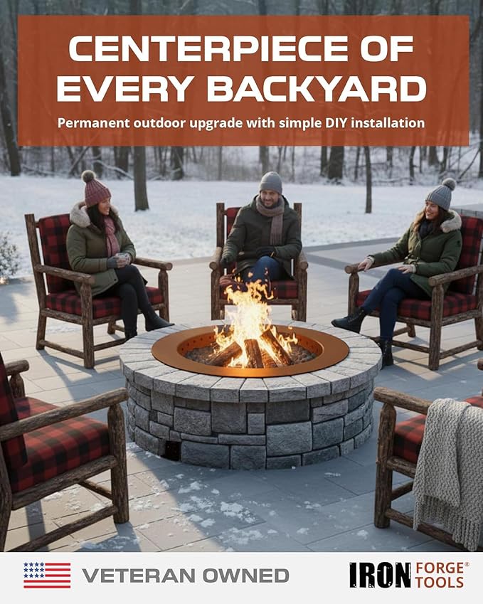 Iron Forge Tools Smokeless Outdoor Fire Pit Ring Insert 42 Inch Round | heavy duty corten steel, permanent fire pit rings, backyard bonfire, smokeless firepit, 36 inch inner ring, pit liner insert