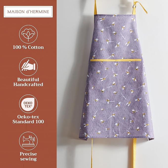 Maison d' Hermine Aprons for women with Pocket 100% Cotton (27.50"x31.50") | Adjustable Neck Strap & long ties Apron Men Chef Wedding Cooking Gardening Server Maid