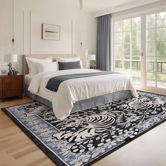 LIVEBOX Tiger Washable Rugs for Living Room, 8x10 Boho Bedroom Rug Non-Slip Jungle Floral Area Rug, Soft Stain Resistant Vintage Western Animal Floor Carpet for Dining Room Home Office Dorm (Black)