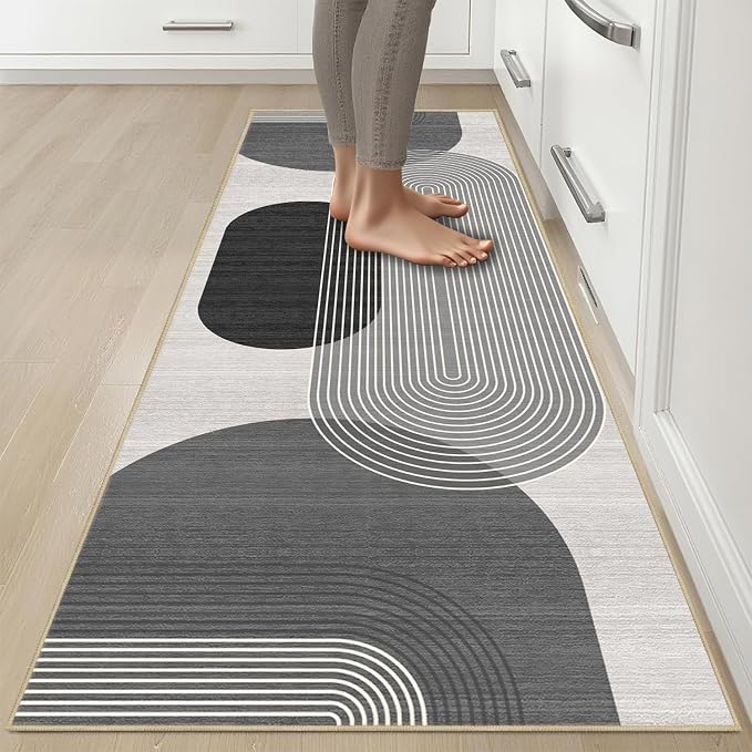 Boho Runner Rug 2x6 for Hallway Kitchen Bedroom,Bohemian Runner Rugs Washable Modern Geometric Rug Non-Slip Printed Low Pile Long Floor Carpet Mat for Bedroom Laundry,Grey and Black
