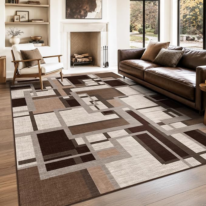 Modern Geometric 8x10 Area Rugs for Living Room, Coffee Brown Washable Rug | Contemporary Patchwork Blocks Non-Slip Indoor Carpet for Bedroom Dining Room Office | Abstract Soft Low-Pile Large Rug