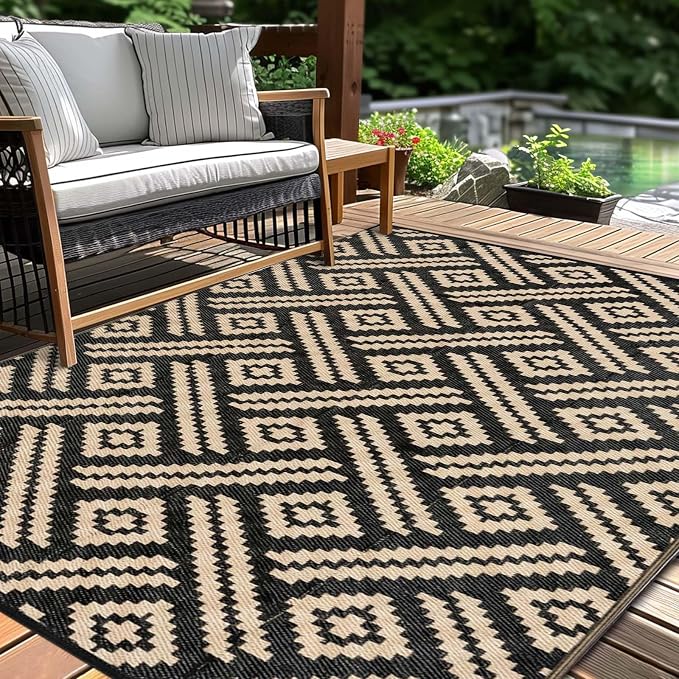 Outdoor Patio Plastic Straw Rug - 6x9 ft Outdoor Camping Rug Waterproof Reversible, Area Carpet Patios RV, Outside Porch Balcony Deck for Camper, Moden Black Beige