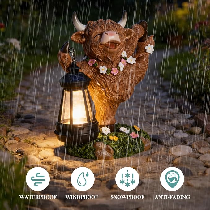 WDS WONDROUS Solar Highland Cow Outdoor Decor with LED Light, Garden Cow Decorations for Home with Flowers, Resin Highland Cow Figurine Gifts for Women Yard Decor Porch Patio Balcony Farmhouse