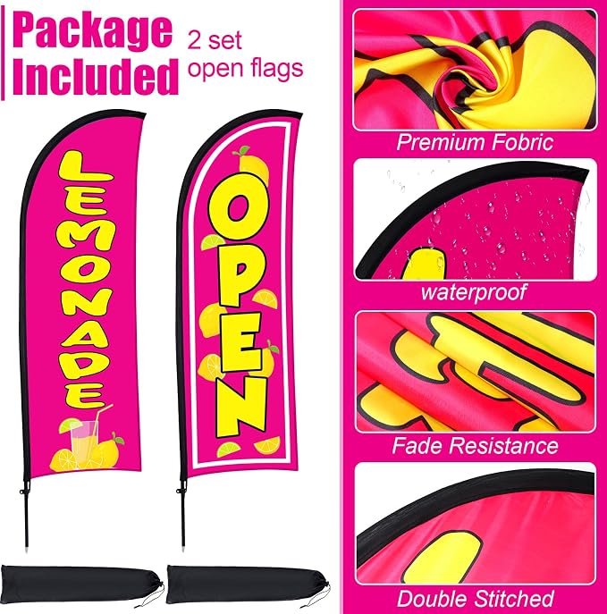 Hahafelt 2 Sets Lemonade Open Feather Flag for Business Advertising 8 ft Feather Flag Sign with Flagpole Ground Stake Portable Bag Lemonade Banner for Outside Park Garden Restaurant(Rose Pink)