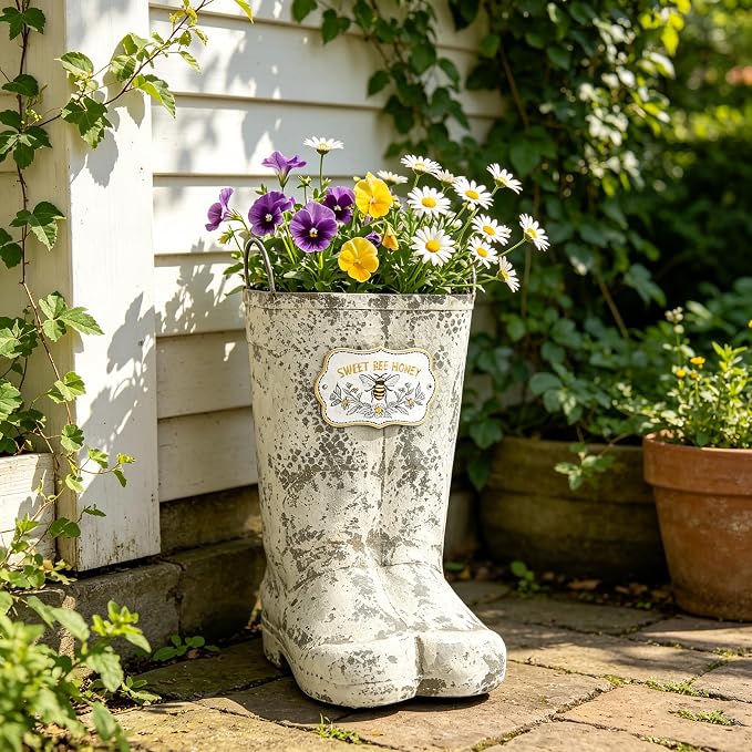 Vintage Metal Planters with Handle Distressed Decor Rustic Farmhouse Flower Pot with Sweet Bee Honey Emblem, Indoor/Outdoor Decorative Plants Buckets for Wedding Home Garden Patio Decor