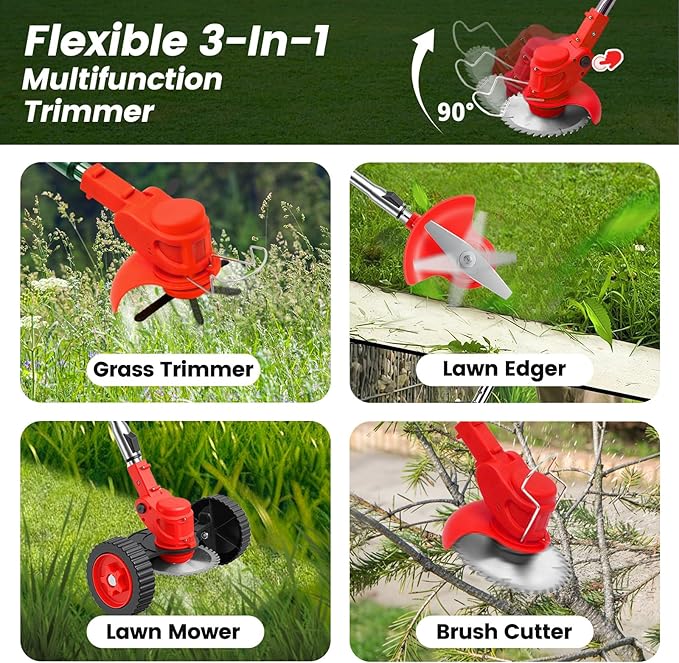 ALSO GO 24V Electric Weed Wacker with Wheels, Grass Trimmer Cordless, 3 in 1 Weed Eater Battery Powered with 2pcs Batteries & Charger, Weed Trimmer/Brush Cutter/Edger Lightweight for Lawn & Yard