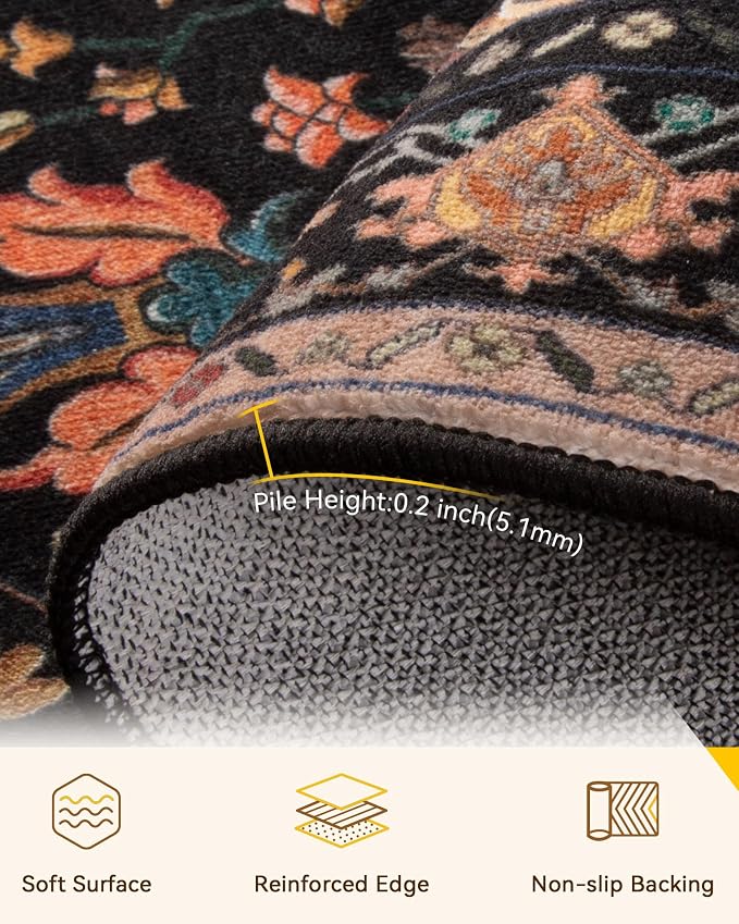 RELEANY Washable Area Rug, Square 6'x6', Black/Colorful | Non-Slip, Water Repellent, Pet Friendly, Easy to Clean, Vintage Floral Boho Decor for Living Room Bedroom Dining Room Office