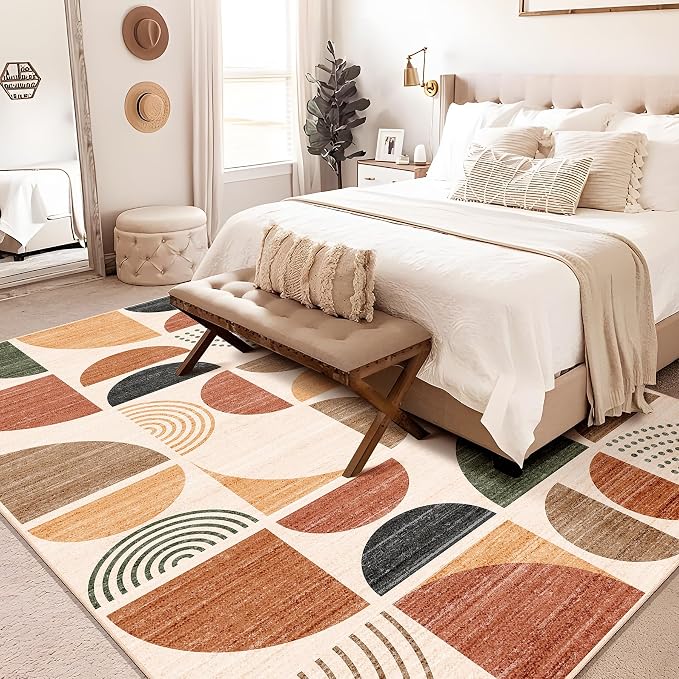 Washable Area Rug 6x9,Boho Rugs Non Slip Modern Abstract Large | Throw Carpet for Living Room Bedroom Dining Room Soft Low Pile Floor Indoor Bohemian Terracotta