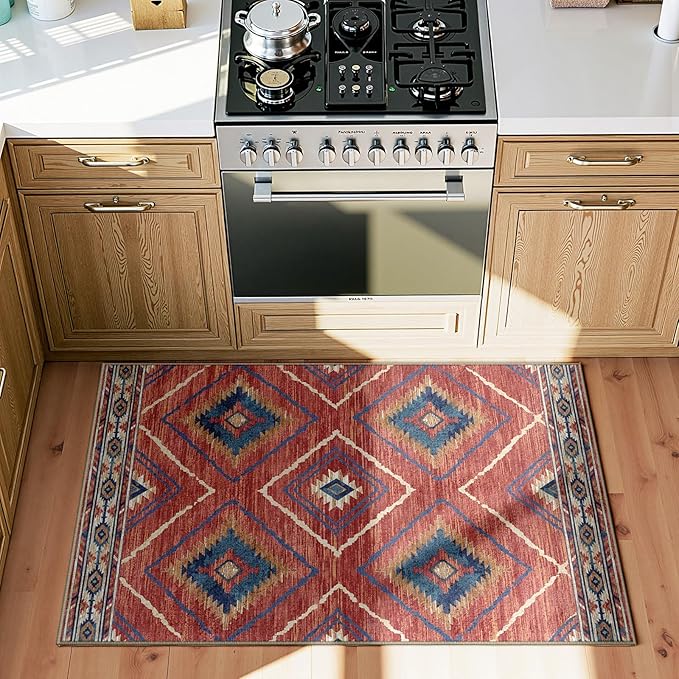 Area Rug 2x3 Rug Machine Washable Non-Slip Low Pile Print Pattern Western Rug for Living Room Bedroom Entryway Tribal Series -Red/Orange | Western No Slip Low Pile Print Foldable Indoor Small Rug for Kitchen entryway doormat