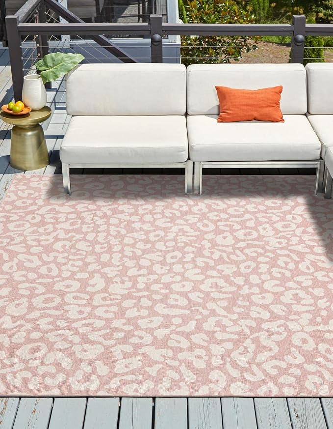 Unique Loom Outdoor Safari Collection Area Rug - Leopard (13' Square, Pink Ivory/ Ivory)