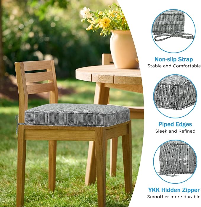 18.5 x 16 Inch Outdoor Chair Cushions with Tie Straps, Set of 4 Thick Water Repellent Rectangle Patio Chair Pads for Garden Lawn Patio Furniture, Grey Linen Stripe