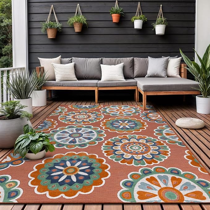 Outdoor Rug 6x9 Washable Area Rugs Indoor Outdoor Carpets Orange Bohemian Medallion Non Shedding Waterproof Easy Clean Patio Deck Porch Living Room Bedroom Garden RV (6 X 9 Orange)