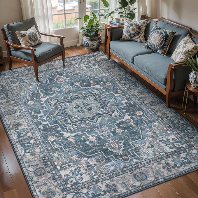 Tangsoo Vintage 4x6 Washable Area Rug for Living Room, Non Slip Rug Blue | Farmhouse Machine Washable Large Rug Carpet,Boho Oriental Soft Low Pile Foldable Indoor 4x6 Rug for Dining Room Bedroom Decor
