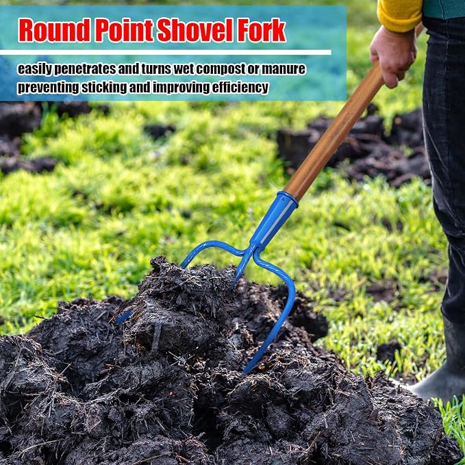 59 Inch Manure Fork Wood Handle 3 Tine Fork for Farm Stable Hay Ranch Bedding Garden