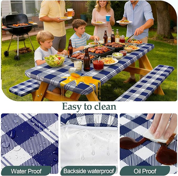Play Tailor Picnic Table Cover with Bench Covers Camping Essentials Waterproof Windproof Camping Tablecloth with Drawstring Bag, Fitted Rectangle Tables and Seats, 96in, Blue Checkered