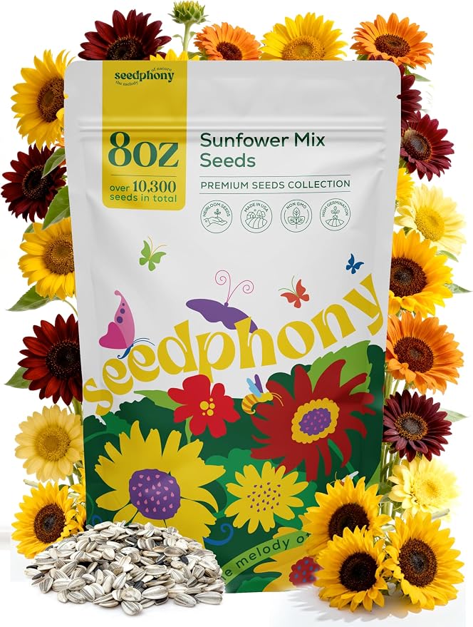Seedphony Sunflower Mix Seeds Pack 8 oz - 10,300 Non-GMO Heirloom Sunflower Mix Seeds for Planting, Annual Flowers in Waterproof Seed Packet, Edible Flower Seeds for Planting Garden Indoor & Outdoor