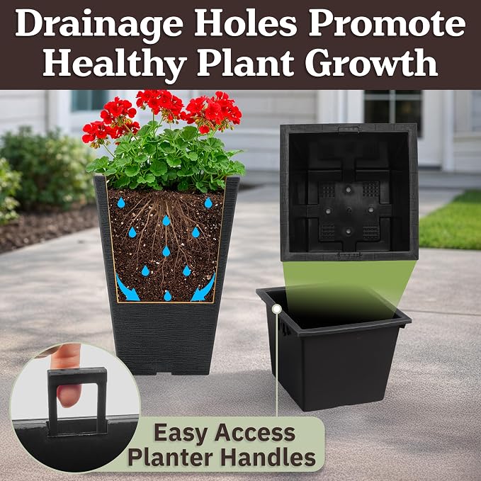 Large Outdoor Planters 2-Pack - 13.75-Inch Tall Planters for Outdoor Plants or Indoor Pots for Plants - Plastic Flower Pots for Patio, Entryway, or Front Porch Decor by Pure Garden (Gray)