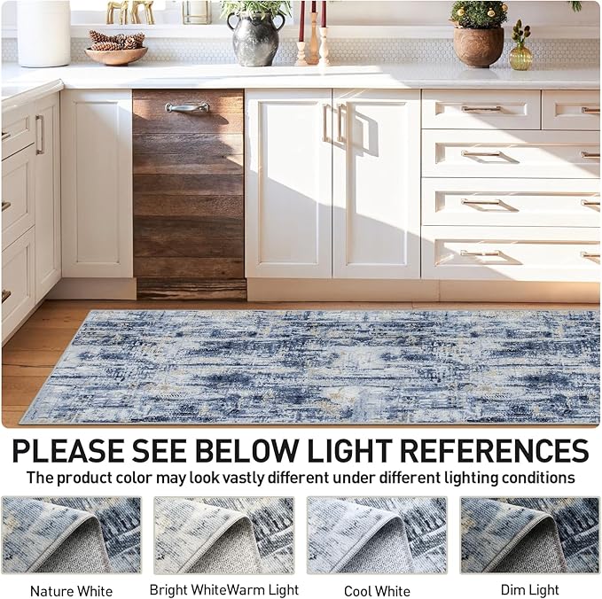 2'6''x8' Runner Rugs Washable Rug: Modern Abstract Hallway Blue Gold Carpet | Non-slip TPE backing makes this washable soft low-pile rug safe & durable, Pet-friendly decor for dining room,nursery,office