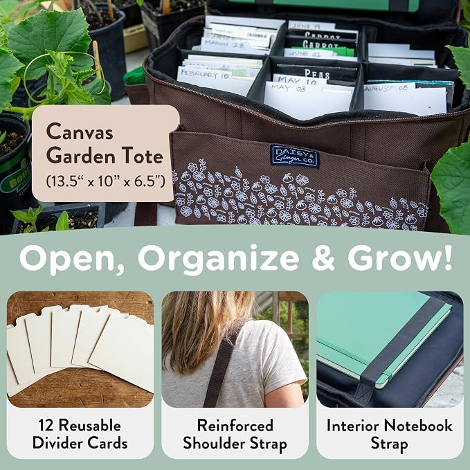 SEED STORAGE ORGANIZER TOTE BAG - Flexible Canvas Seed Organizer Holds 180 Seed Packets with Shoulder Strap, Side Pockets and 12 reusable Tabs for Gardeners | Water Resistant Bottom, Notebook Straps