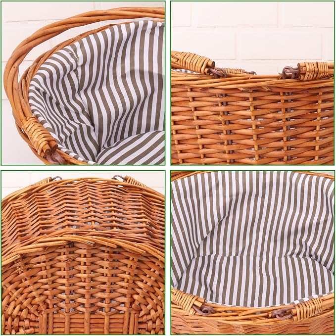 Large Wicker Picnic Basket with Double Folding Handles and Grey Lining, Wicker Basket, Large Willow Hamper, Handwoven Basket for Storage, Picnic, Camping