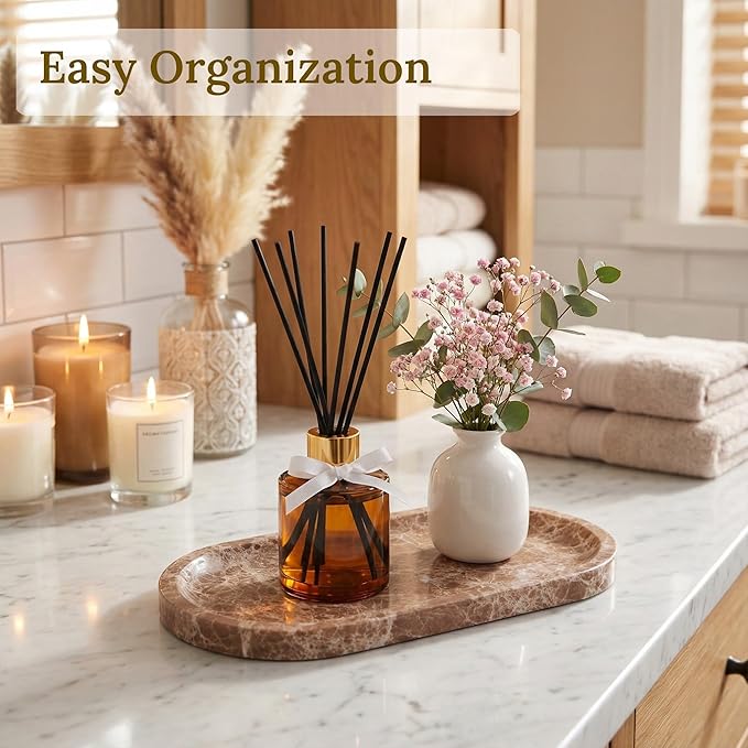 Light Emperador Marble Vanity Tray for Bathroom Counter, 10"x5" Decorative Tray for Perfume, Candles, Stone Jewelry Dish Tray