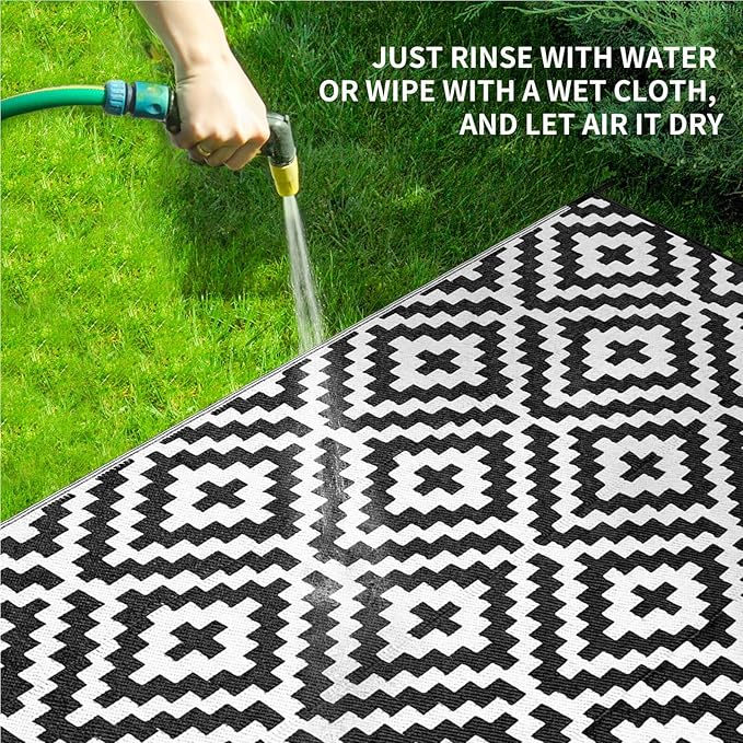 Outdoor Patio Plastic Straw Rug - 8x10 ft Outdoor Camping Rug Waterproof Reversible, Area Carpet Patios Clearance RV, Outside Porch Balcony Deck for Camper, Black & White