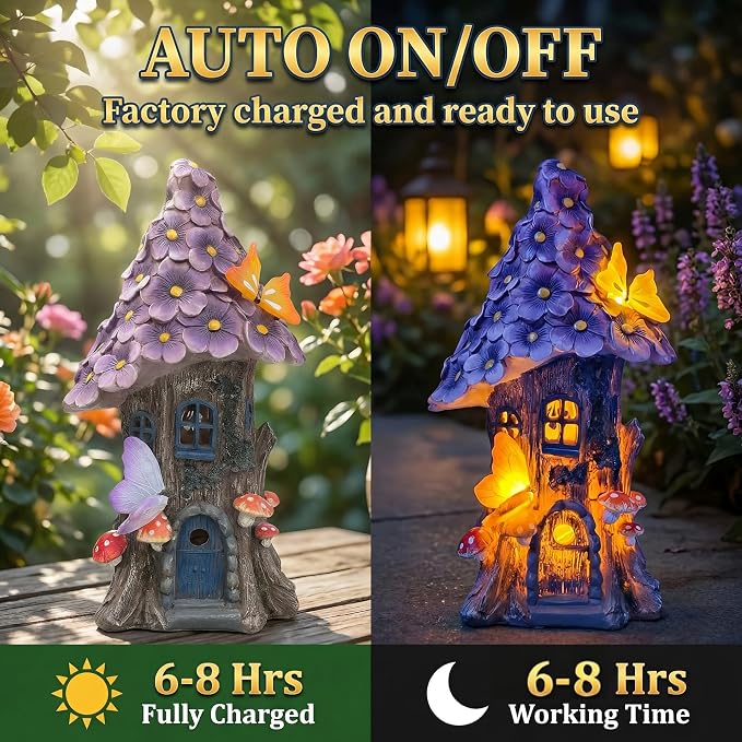 COWOS Mushroom House Statue, Garden Decor Outdoor Solar Statues, Solar Garden Statue Lights, Fairy Garden Decorations, Mushroom Fairy House Figurine with Butterflies and Flowers for Yard Decor