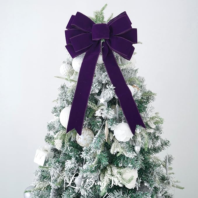 13" Purple Bow Pre-Tied Bow for Christmas Tree, Purple Velvet Ribbon Bow for Wreaths, Tree Toppers Bow, Premade Bow, Gift Bow for Party Favor, Christmas Home Indoor Outdoor Decor-1 Counts