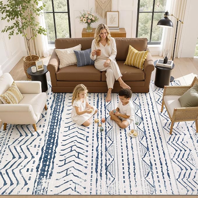 Nakagishi Boho 5x7 Area Rug Living Room Rugs Machine Washable Navy Blue | Soft, Pet & Kid Friendly, Carpet for Living Room/Bedroom/Office/Kitchen/Nursery, Daily Home Decor Stain Resistant Moroccan
