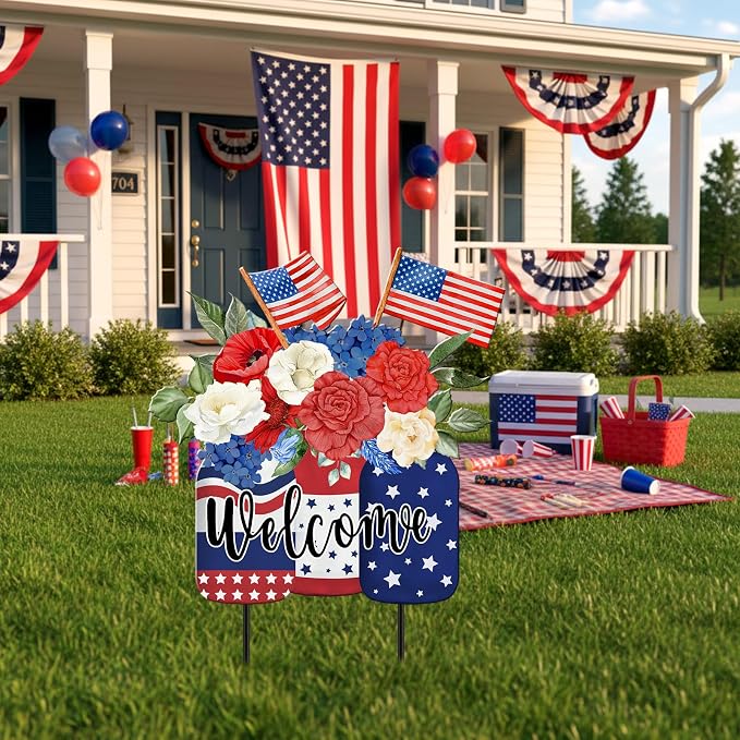 MorningRo Patriotic 4th of July Yard Sign American Flag Outdoor Decor 26" Patriotic Welcome Yard Outdoor Decor 250th Anniversary Flag Floral Vase Decorative Lawn Sign for Outside Garden Lawn Patio