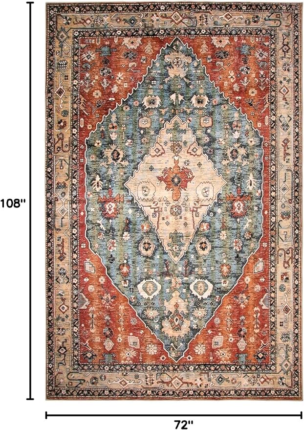 Lahome Felice Boho Tribal 6x9 Area Rugs for Living Room, Washable Soft Rug for Bedroom, Oriental Dining Room Rugs for Under Table, Large Vintage Non Slip Carpet for Office (Rust/Dull Teal,6x9ft)
