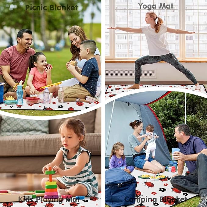 Ladybug Blankets Waterproof Foldable60’‘x80'', Ladybug Portable Outdoor Picnic Mat Water Resistant for Grass,Padded Lawn & Park Blanket for Camping,Ladybug Decor Accessories Stuff