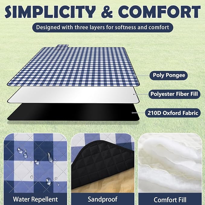 Picnic Blankets Waterproof, Extra Large Picnic Mat 79"X79", Sandproof Washable Camping Beach Blanket, Camping Accessories for Outdoor Activities, Blue