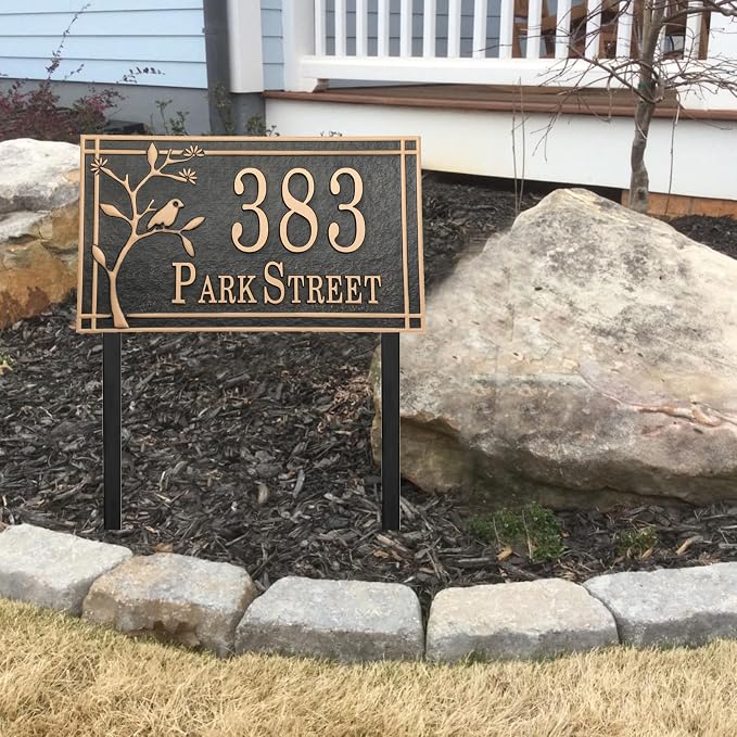 Address Sign Lawn Mounted Metal - Custom House Number Plaque Sign with 2 Metal Stakes,House Address Numbers for Outside House,Yard,Garden,Grass,Ground,Drive Way,Lawn,4 Colors, 13''x 7''