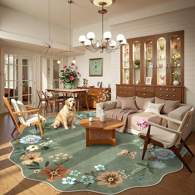 Lahome Floral Washable Round Area Rug, Soft Round Rugs 6ft Ultra-Thin Non-Slip, Boho Large Circle Carpet for Bedroom Living Room Kitchen Nursery, Green